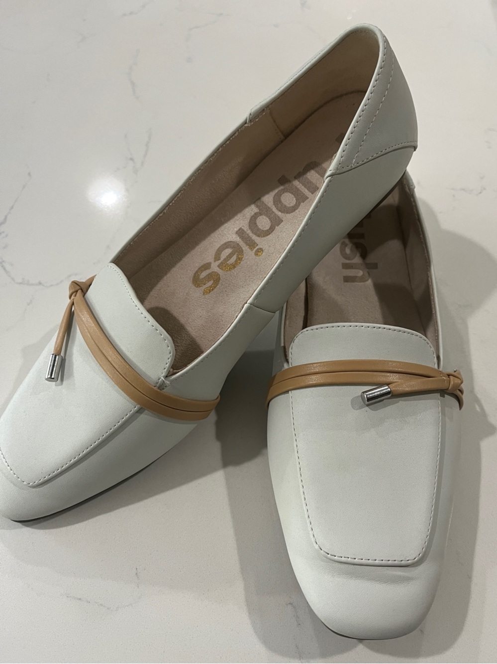 Hush Puppies White Loafers with Tan Strap Accent